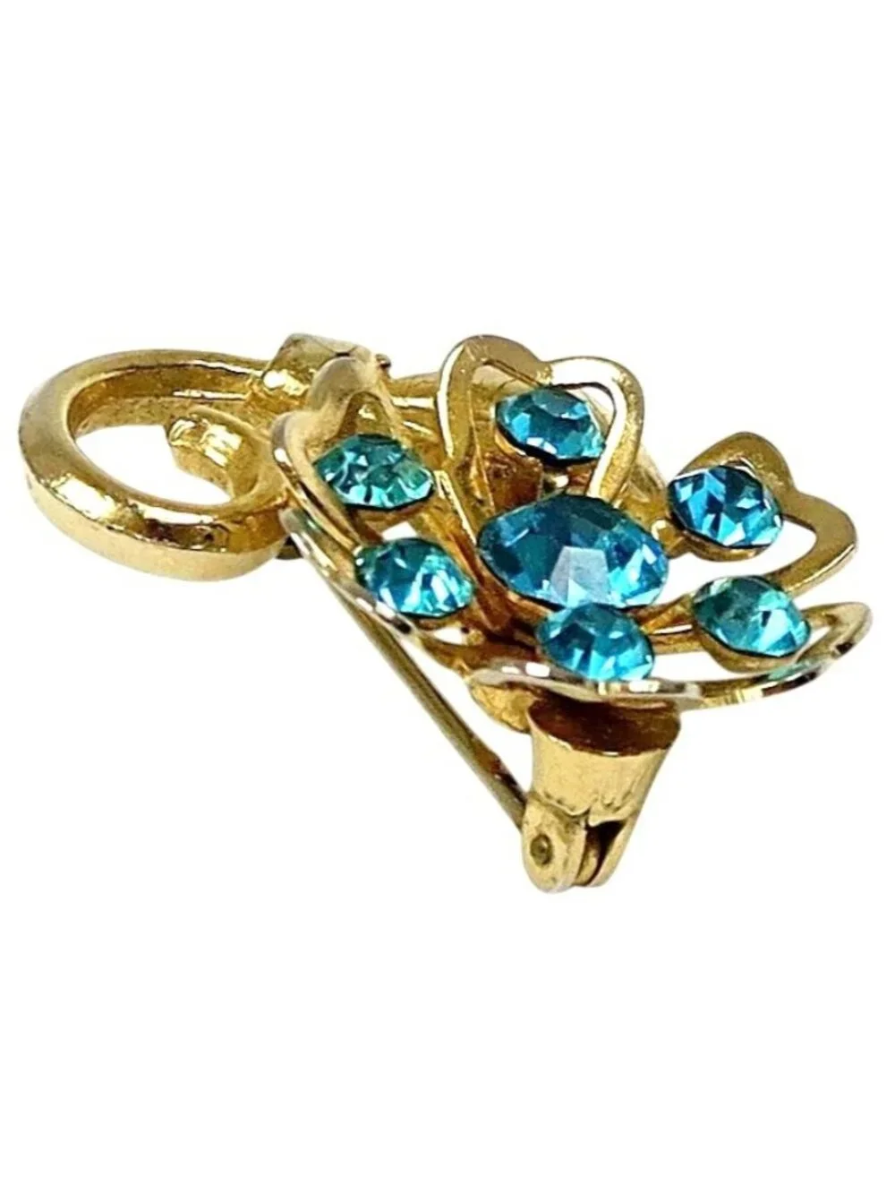 Coro Blue Rhinestone Flower Brooch Mid-Century Gold Tone Costume Jewelry